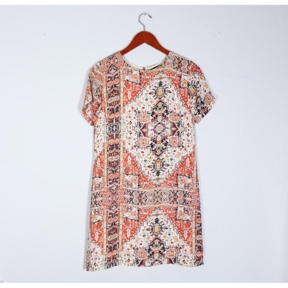 Olivaceous Women Medium Beige Orange Paisley Shirt Dress S/S Crepe Graphic Mini - Picture 2 of 7